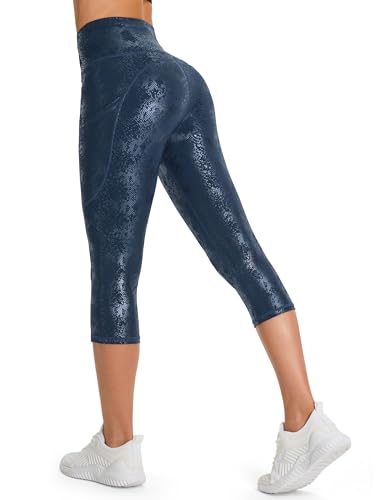 Image of THE GYM PEOPLE Thick High Waist Capris Yoga Pants with Pockets, Tummy Control Workout Running Yoga Leggings for Women