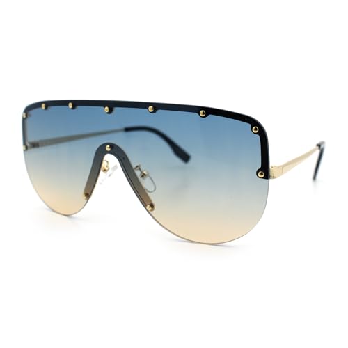 Metal Stud Flat Top Half Rim Rimless Shield Oversized Racer Sunglasses4
