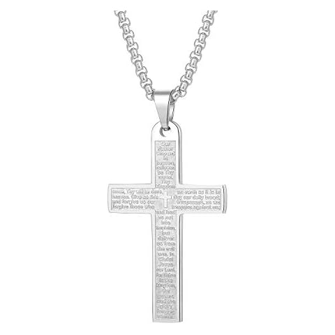 JAYUMO Simple Stainless Steel Bible Verse Cross Pendant Necklace for Men Women Snake Chain 20-24 Inches (Silver tone Lord’s Prayer+20 inch chain) Cover