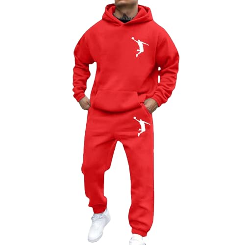 Generisch Set di felpa da uomo con stampa casual basket, tuta da jogging per allenamento streetwear per l'inverno, Colore: rosso, XXL