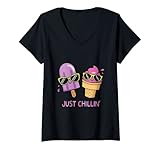 Photo Gallery donna just chill in – chilling, relax, stay calm, crema gelato maglietta con collo a v Photo Gallery donna just chill in – chilling, relax, stay calm, crema gelato maglietta con collo a v