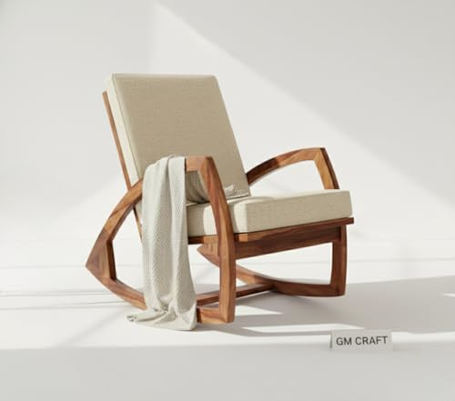 Image of Solid Sheesham Wood Rocking Chair for Living Room - Upholstered Relaxing Chair - Wooden Rocking Chair for Adults for Home Outdoor Indoor (Honey, Cade)