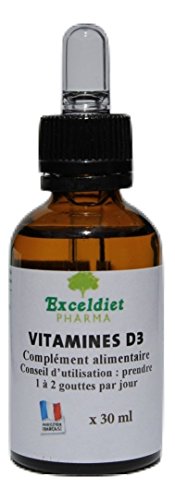 EXCELDIET PHARMA Vitamine D3 Huile 30 ml - Défenses Immunitaires - 30 ml Vitamine du Soleil 100% Naturelle - Santé des Os et des Articulations - Approvisionnement pour 20 Mois 3700446488260
