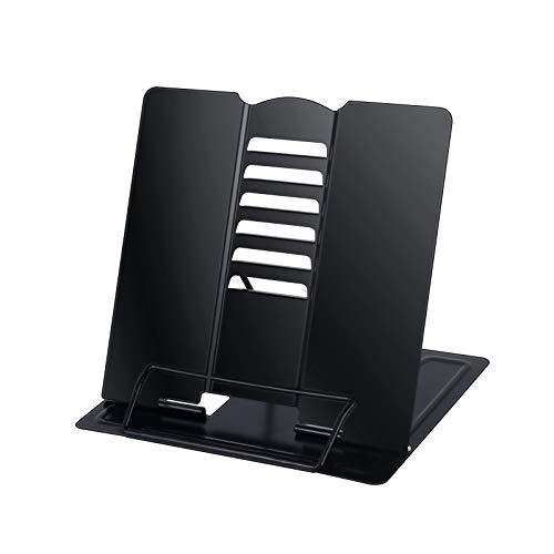 Blizzow Desk Book Stand Holders for Reading Hands Free, Metal Adjustable Book Stand, Sturdy Lightweight Foldable Portable Bookstand -Textbook Recipe Magazine Tablet Music Book with Page Clips (Black)