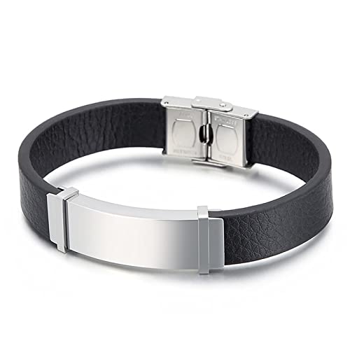 Bracelet en cuir noir de 21cm avec plaque en acier inoxydable durable