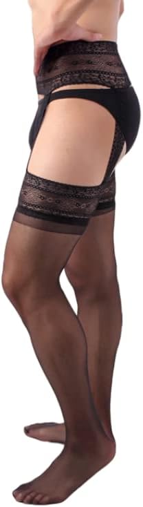 Manguo Mens Lace Tights Fishnet Thigh High Suspender Stockings Pantyhose for Men - Image 3