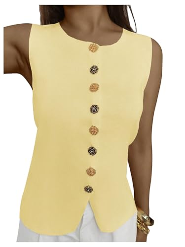 WDIRARA Women's Plus Size Metal Button Down Sweater Vest Crew Neck Sleeveless Knit Tank Top