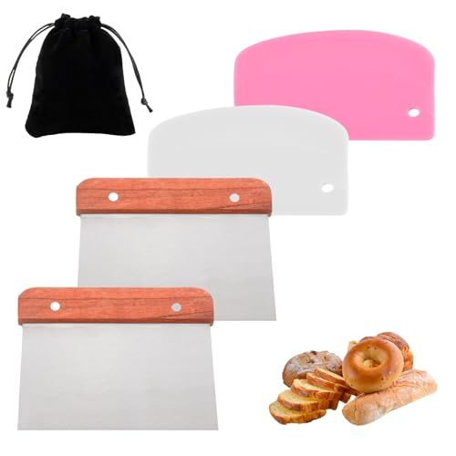 BORISCA 4 Stück Schaber Küche, 2 Teigschaber Edelstahl+ 2 Teigspachtel Kunststoff mit Einem Aufbewahrungsbeutel, Küchenschaber Holzgriff Bench Scraper Groß Teigkarte für Kuchen, Pizza, Kuchen, Teig