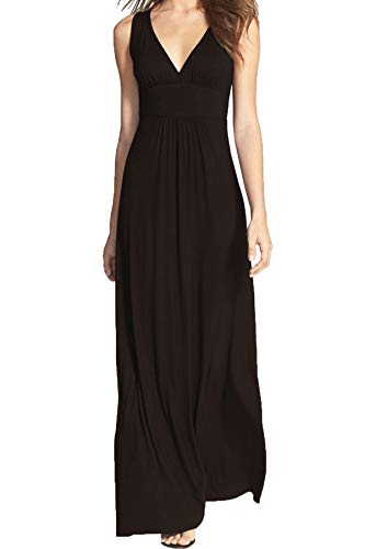 WOOSEA Women Sleeveless Deep V Neck Loose Plain Long Maxi Casual Dress Coffee