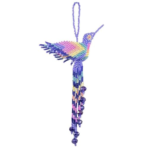 Spirit of Nature Handmade Beaded Hummingbird Ornament, Rear View Mirror Car Charm, Czech Glass Bird Hanging Decor, Crystal Suncatcher Ornament, Boho Home Decor Gift (Pastel Periwinkle)