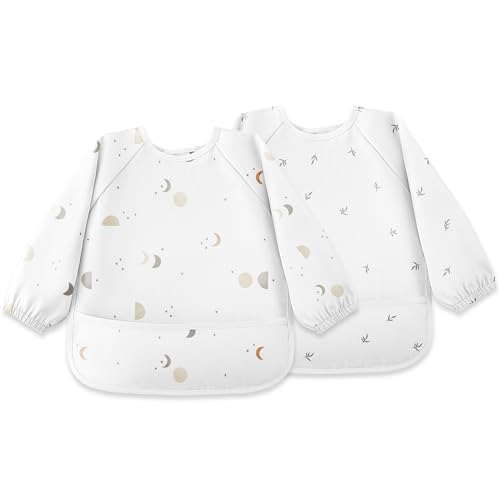 Image of Susurration Baby Long Sleeve Bib Waterproof Sleeved Bib Smock for Baby | 2 Pack Baby Reusable Feeding bibs, 6-36 Months Baby Feeding Essentials - Grey Moon