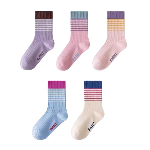 Girls Socks Ribbed Cuffs Crew Socks Mid-Calf Colourful Stripes Fashion Casual Novelty Socks for Girls 5 Pairs