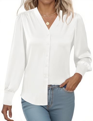 Rapbin Damen Bluse Langarmshirt V-Ausschnitt Hemd Die Seide Elegant Lässige Oberteile Einfarbig Blusenshirt Weiß
