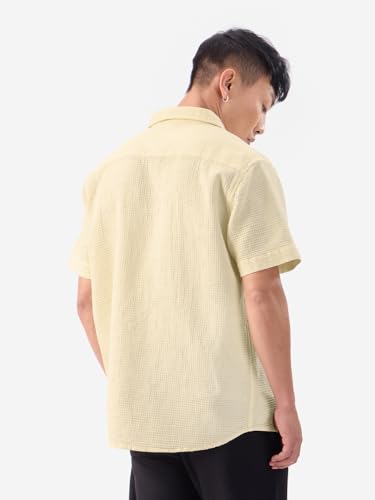 Image of The Souled Store Eggshell White Men and Boys Short Sleeves Collared Neck Button Front Regular Fit Cotton Textured Shirts
