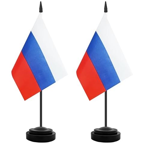 2 Pack Russia Desk Flag, Russian Table Office Flags, Small Miniature Desktop Flag With 12" Solid Black Pole and Black Base, Classroom, Offices Meeting Desk Decoration (Russia) Cover