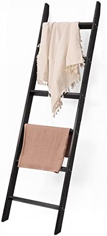 HYBDAMAI 6-Tier Wooden Blanket Ladder Quilt Stand Decorative Ladder Shelf, Leaning Shelf, Wall Leaning Blanket Ladder Towel Storage Rack for Living Room Bathroom, Bedroom, Bathroom, Black