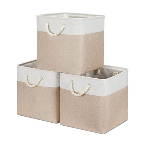 Image of Bidtakay Fabric Storage Baskets for Organizing Beige 13 Inch Collapsible Square Baskets 3 Pack Organization Bins Large Cube Storage Bins Closet Baskets for Shelves Clothes