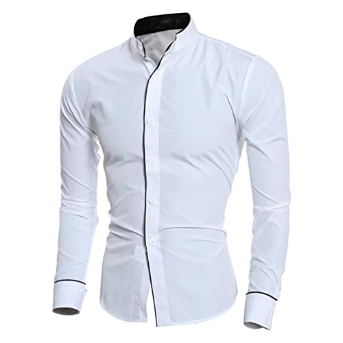 Men's Long Sleeve Stylish Shirts Casual Solid Color Stand Collar Shirts Classic Plain Button Down Dress Shirt (White,X-Large)