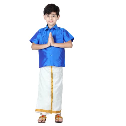 Image of BownBee Boys Silk Shirt and Mundu Dhoti South Indian Traditional Ethnic Dress for Kids with Half Sleeves, Button Closure Shirts for Baby Boy, Ideal for Any Festival Occasions & Wedding