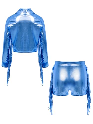 Kids Girls Fringe Shiny Metallic Long Sleeve Jacket Coat Sweatshirt Crop Tops Outerwear with Dance Shorts Set4