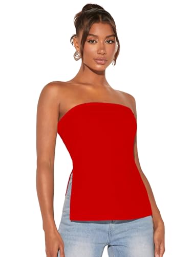 Image of Aahwan Women Polyester Slim Fit White Solid Split Strapless Hem Tube Top with Side Slit Crop Top