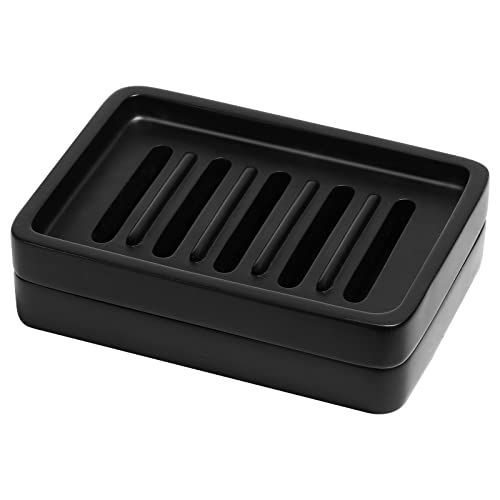 Shinowa Resin Soap Dish, Self-Draining Bar Soap Holder Tray Soap Saver with Drainable Board, Dual Layer Soap Sponge Holder for Bathroom Kitchen Shower Bathtub Sink Counter-top, Black