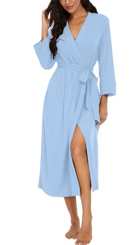 PrinStory Albornoz de mujer ligero manga 3/4 bata cuello en v kimono batas ropa de dormir larga, azul celeste, XL