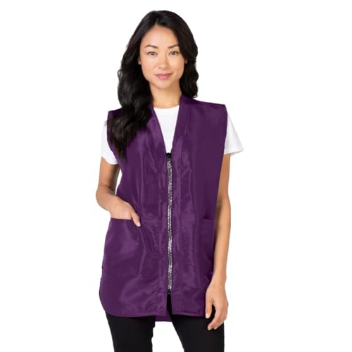 Betty Dain Glitz Rhinestone Zipper Salon Stylist Vest, Rhinestone Closure and Iridescent Fabric, V-Neckline, Adjustable Belt, Pockets with Zippered Bottoms, Water Resistant Lightweight, Purple, L
