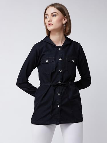 Image of Miss Chase Women's Polo Neck Full Sleeves Patch Pocket Denim Overcoat Knee-Length Jacket