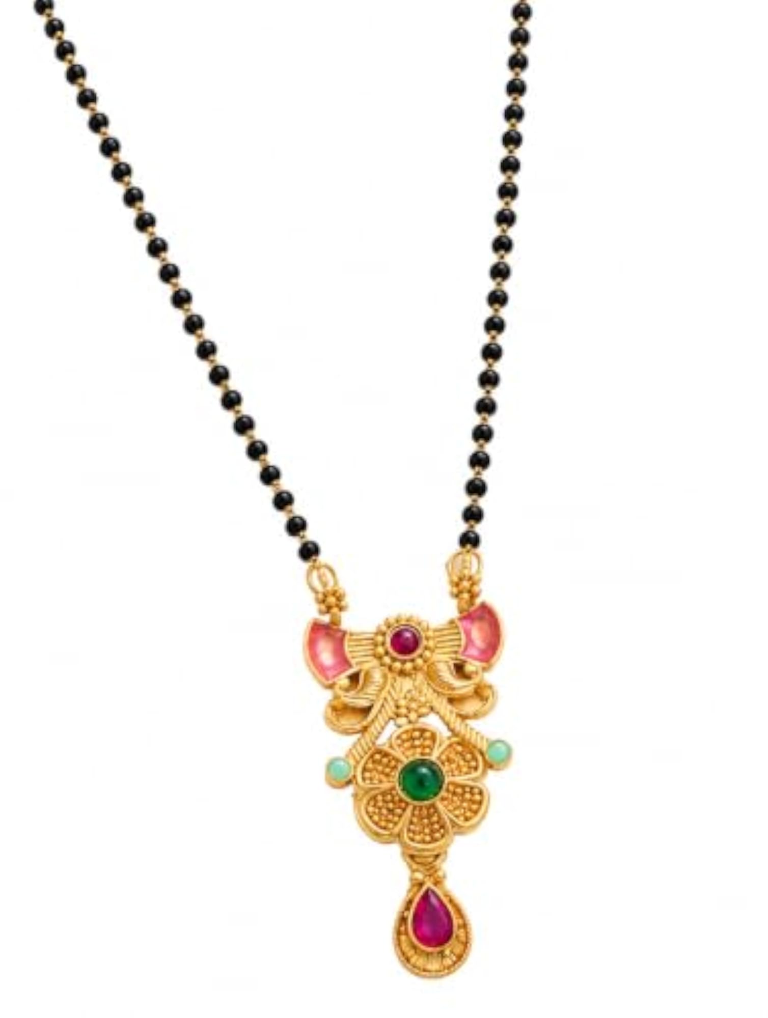 Women's Stylish Traditional Black Bead Mangalsutra with Pink Green and Red Stone Pendant
