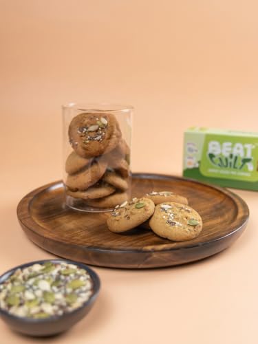 Image of BEAT GUILT Super Seeds Mix Cookies | 12g Protein, 11g Fibre per 100g | No Maida, Sweetened with Jaggery | Atta, Oats, Ragi, Sesame & Muskmelon Seeds | Under 100 Kcal Each | Pack of 3, 342g