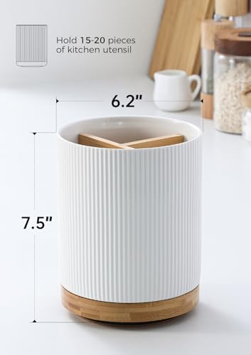 Image of LoeJan 7.5 inch Utensil Holder, 3 Compartment Ceramic Kitchen Utensil Holder with Cork Bottom, Large Utensil Crock for Countertop, Cooking Tool Organizer Set for Kitchen Counter(White,Vertical Stripe)