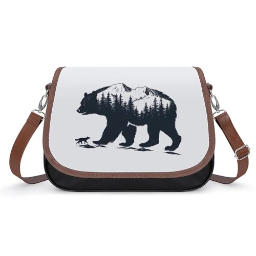 Bear And Wolf in Mountains Women's Crossbody Bags Leather Messenger Handbag Small Shoulder Bag Purse