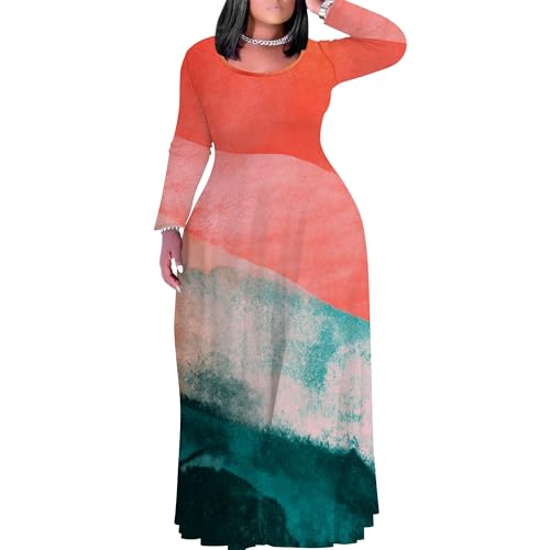 Image of PinkPatty Plus Size Maxi Dress for Curvy Women Crew Neck Long Sleeves Casual Dress Vacation Sundresses with Pockets