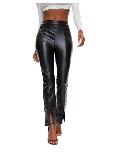 Pantalones sexy de piel sintética para mujer, cintura alta, dobladillo dividido, pierna acampanada, Flare Negro, L