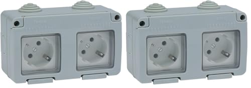 FAMATEL – Doble base | Enchufe de empotrar | Serie Garden | IP55 | Protección Infantil | Este enchufe es a prueba de agua | Fácil de instalar este producto | Aluminio | Gris (Paquete de 2)
