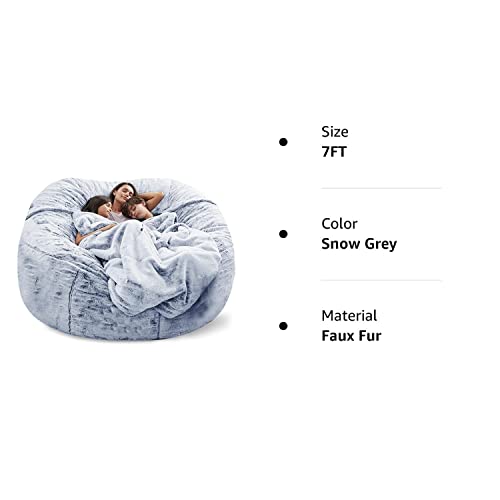 Giant Fur Bean Bag Chair Cover For Kids Adults, (No Filler) Living Room Furniture Big Round Soft Fluffy Faux Fur Beanbag Lazy Sofa Bed Cover (Snow Grey, 7Ft) #TOP7