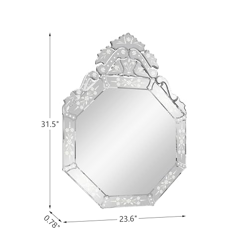 KOHROS Venetian Mirror with Top Crown Arch Floral Etched 32 x 24 Inch Octagonal Bathroom Mirror for Over Sink Frameless Beveled Edge Wall Mirror for Bathroom Vanity Entryway Bedroom