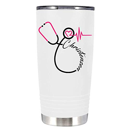 Personalized Nurse Pink Stethoscope on White 20 oz Stainless Steel Nurse Tumbler Gift