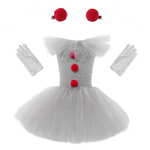 Disfraz de payaso aterrador para niñas – Vestido tutú de Pennywises con guantes y horquilla roja, traje de cosplay de carnaval de Navidad de Halloween para niñas