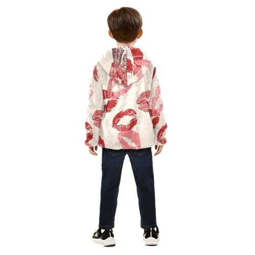 Kiss Print Lips Valentine Day Girls Fleece Jacket Girls Fall Jacket Girls Zip Up Hoodie Girls Sherpa Jacket 2-10T4