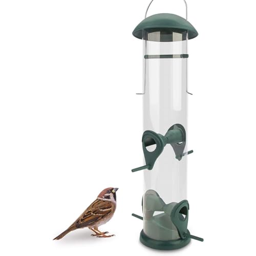 WILDLIFE FRIEND I 30cm Körner Vogelfutterspender grün - mit 4 Anflugplätzen, Vogel Futterstation, Futtersäule, Körner Wildvögel Futtersilo