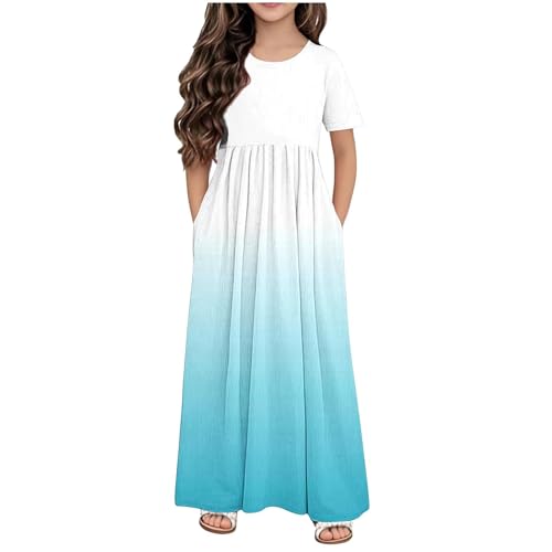 Girls Short Sleeve Maxi Dress Summer Gradient Sundress Long Pleated Casual Dresses with Pockets 4-14 Years