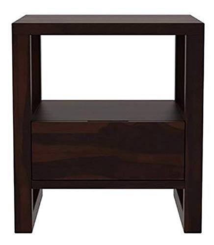 Image of Solid Sheesham Wood Bedside Table for Bedroom | Wooden Bed Side Nightstand Lamp Table with Drawer & Open Shelf Storage for Home & Hotels | Rosewood, Walnut Finish