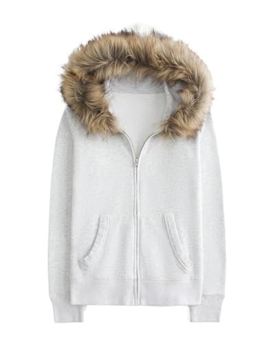 Lauweion Womens Faux Fur Trim Zip-Up Hoodie Fleece Lining Casual Oversized Hooded Sweatshirt with Pockets