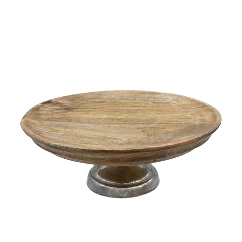 Spetebo Mango Deko Teller mit Fuß aus Aluminium - Ø 30 cm - Holz Servierständer mit Metall Standfuß - Etagenständer Tortenplatte Obstteller Servierplatte