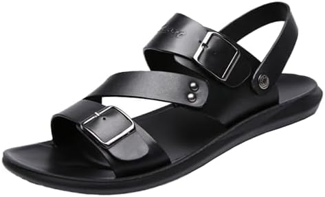 Men's Leather Buckle Casual Flat Sandals with Adjustable Dual use Ankle Straps Slip-On Beach Sandals Open Toe Non-Slip Soft Comfortable Slide Sandals - Image 4