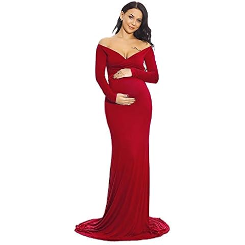 ZIUMUDY Maternity Off Shoulder Photo Shoot Photography Dress Solid Color Baby Shower Dress(Large, Burgundy) Cover