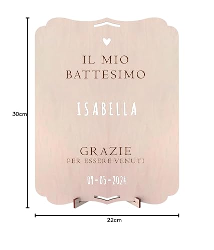 nagu® Taufe Deko | Personalisiertes Holzschild 30x22 cm | Poster Taufe Mädchen oder Junge | Schild mit Buchstaben Aufklebern | Willkommensschild mit Ständer & Loch zum Aufhängen