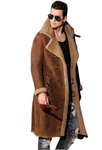 Image of Worlem Long Sheepskin Coats Mens - Real Leather Warm Faux Shearling Duffle Coats for Extreme and Harsh Winters